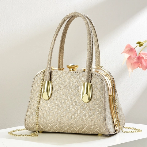 Elegant Glitter Evening Bag Handbag With Rhinestone Clasp Metal Frame Chain Strap Geometric Texture For Women Party