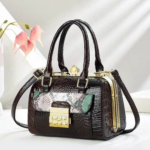 Boston Handtasche Damen PU Leder Krokodil Schlangenmuster Künstliche Perlenverschluss Strass Umhängetasche Retro Elegant Abend