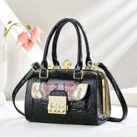 Boston Handtasche Damen PU Leder Krokodil Schlangenmuster Künstliche Perlenverschluss Strass Umhängetasche Retro Elegant Abend