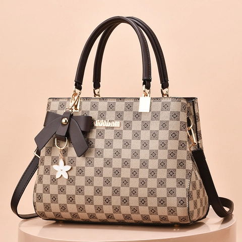 Vintage Checkerboard Handbag PU Leather Bowknot Floral Charm Large Capacity Shoulder Crossbody Bag For Women