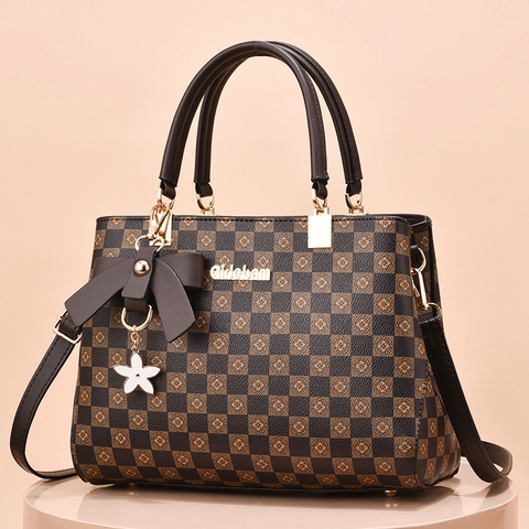 Vintage Checkerboard Handbag PU Leather Bowknot Floral Charm Large Capacity Shoulder Crossbody Bag For Women