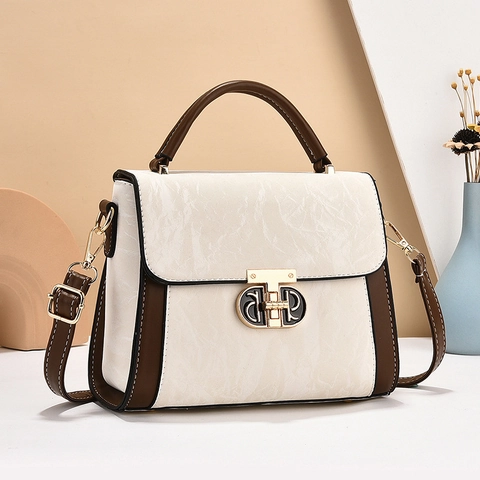 Women Retro Color Block Handbag PU Leather Contrast Stitching Crossbody Bag Elegant Commuting Textured Top Handle Purse