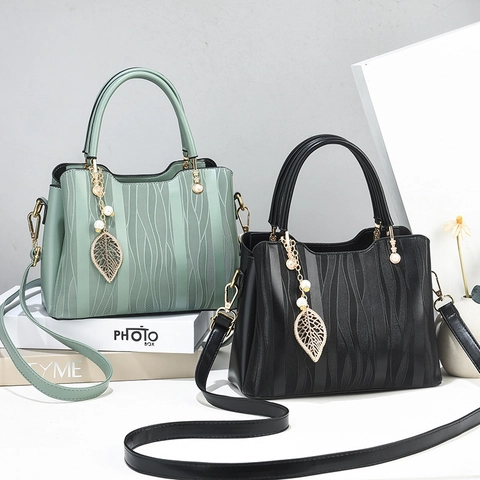 Bolso De Mano Para Mujer Cuero PU Patrón Ondulado Colgante Hoja Perla Artificial Bolso Bandolera Elegante Accesorio Moda