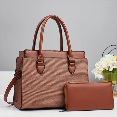 Women Fashion Handbag And Long Wallet PU Leather Woven Splicing Crossbody Shoulder Tote Elegant Daily