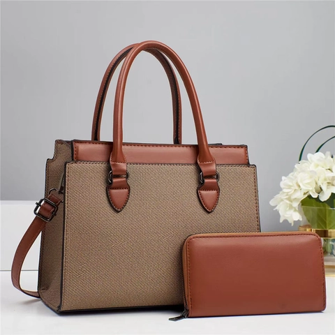 Women Fashion Handbag And Long Wallet PU Leather Woven Splicing Crossbody Shoulder Tote Elegant Daily