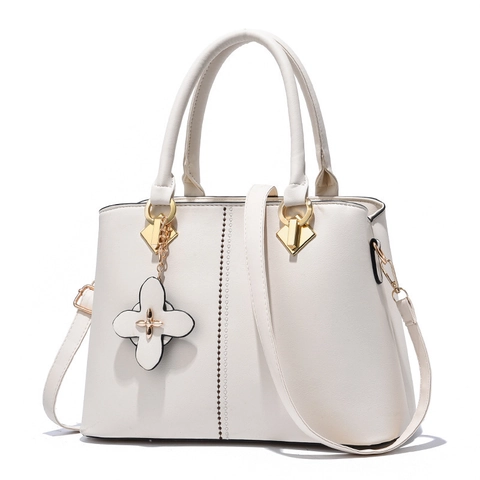 Women Handbag PU Leather Solid Color Elegant Clover Charm Detachable Strap Crossbody Shoulder Bag Top Handle Tote