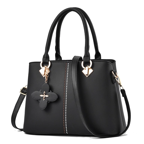 Women Handbag PU Leather Solid Color Elegant Clover Charm Detachable Strap Crossbody Shoulder Bag Top Handle Tote