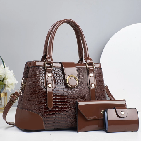 Crocodile Embossed Patent PU Leather Tote Shoulder Bag Large Capacity Handbag With Envelope Clutch And Card Holder