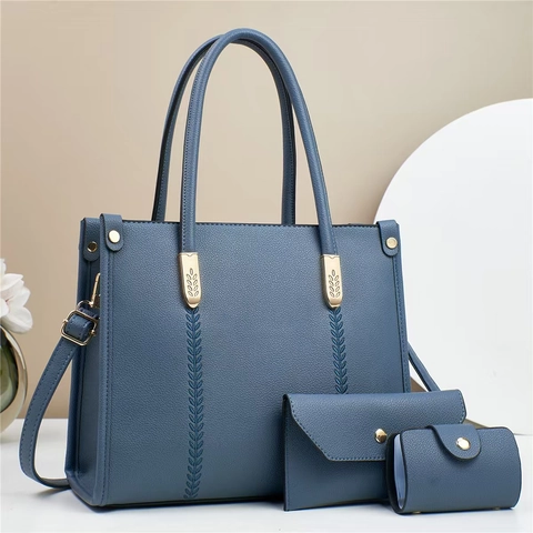 Women Litchi Grain PU Leather Tote Handbag Crossbody Bag Wallet And Card Holder Solid Color Elegant Fashion Commute