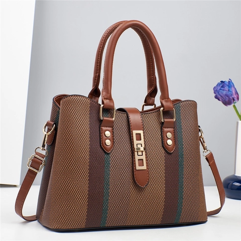 Women Striped Handbag PU Leather Woven Contrast Color Large Capacity Tote With Adjustable Strap Retro Elegant Shoulder Bag