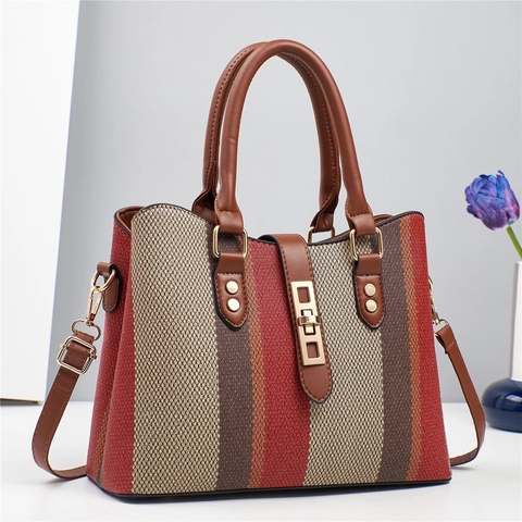 Women Striped Handbag PU Leather Woven Contrast Color Large Capacity Tote With Adjustable Strap Retro Elegant Shoulder Bag