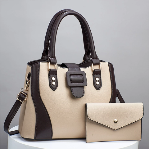 Women Lychee Pattern PU Leather Handbag And Wallet Elegant Large Capacity Color Block Top Handle Crossbody Bag
