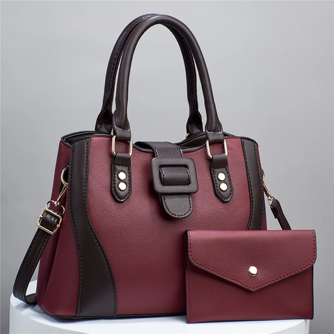 Women Lychee Pattern PU Leather Handbag And Wallet Elegant Large Capacity Color Block Top Handle Crossbody Bag