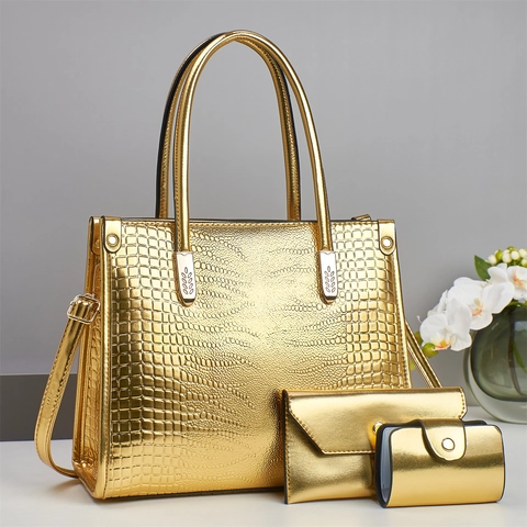 Women Crocodile Pattern PU Leather Handbag Set Includes Tote Bag Envelope Wallet And Card Holder Elegant Office Satchel Bag