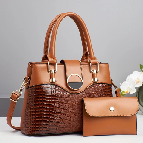 Women Spliced Handbag Large Capacity Shoulder Bag With Small Pouch PU Leather Lizard Crocodile Embossed Tote Crossbody Bag Mother-Child Set