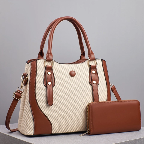 Borsa A Mano E Portafoglio Da Donna Tessuto Intrecciato Pelle PU Tote Borsa A Tracolla Grande Capacità Elegante Urbano