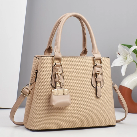 Women Woven Texture PU Leather Tote Bag Large Capacity Handbag With Detachable Shoulder Strap And Mini Bag Pendant Charm