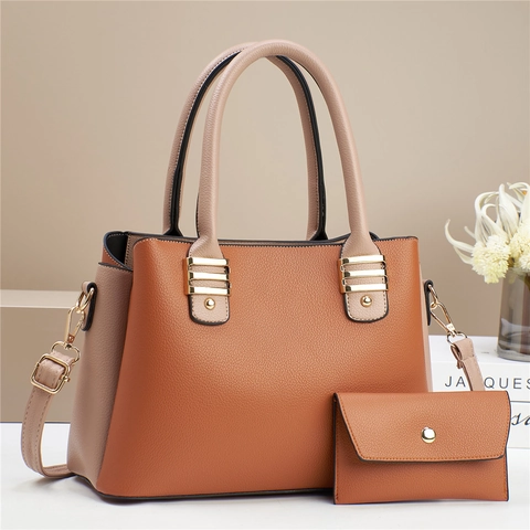 Luxury Lychee Texture PU Leather Tote Bag And Small Pouch Two Piece Set Large Capacity Color Block Handbag For Women