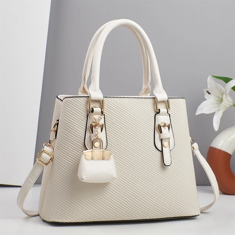 Women Woven Texture PU Leather Tote Bag Large Capacity Handbag With Detachable Shoulder Strap And Mini Bag Pendant Charm