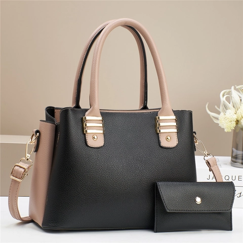 Luxury Lychee Texture PU Leather Tote Bag And Small Pouch Two Piece Set Large Capacity Color Block Handbag For Women
