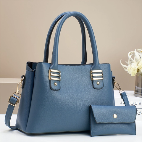 Women Handbag And Wallet PU Leather Lychee Pattern Shoulder Crossbody Bag Solid Color Golden Hardware Elegant