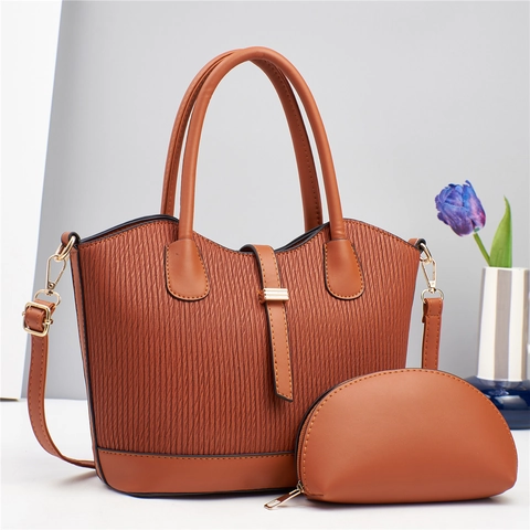 Women Shoulder Bag And Pouch PU Leather Large Capacity Tote Vertical Texture Elegant Solid Color Handbag Gold Hardware