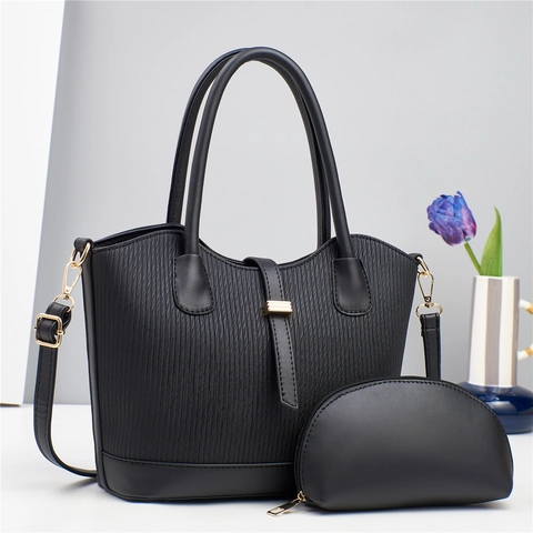 Women Shoulder Bag And Pouch PU Leather Large Capacity Tote Vertical Texture Elegant Solid Color Handbag Gold Hardware