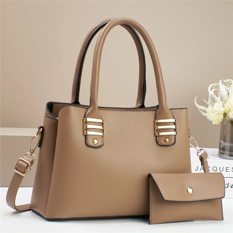 Women Handbag And Wallet PU Leather Lychee Pattern Shoulder Crossbody Bag Solid Color Golden Hardware Elegant