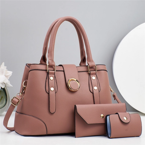 Women Fashion PU Leather Litchi Texture Handbag And Clutch And Card Holder Set With Gold Ring Buckle Versatile Tote Bag