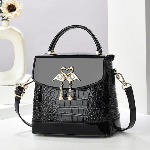 Women Crocodile Embossed PU Leather Crossbody Bag Swan Heart Buckle Artificial Pearl Tassel Top Handle Fashion Square Handbag
