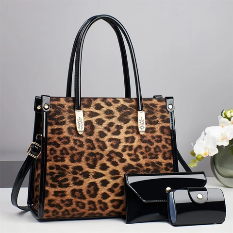 Leopardmuster Tote Tasche Und Glänzende Lackleder Clutch Und Kartenhalter Große Kapazität Handtasche Für Damen