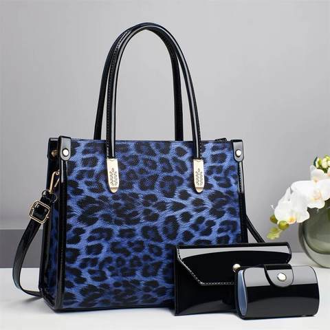 Leopardmuster Tote Tasche Und Glänzende Lackleder Clutch Und Kartenhalter Große Kapazität Handtasche Für Damen