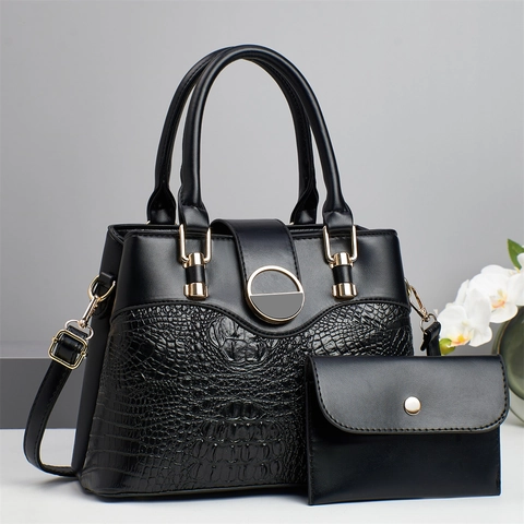 Women Handbag And Small Pouch Crocodile Pattern PU Leather Patchwork Shoulder Crossbody Bag Gold Hardware Stylish Tote