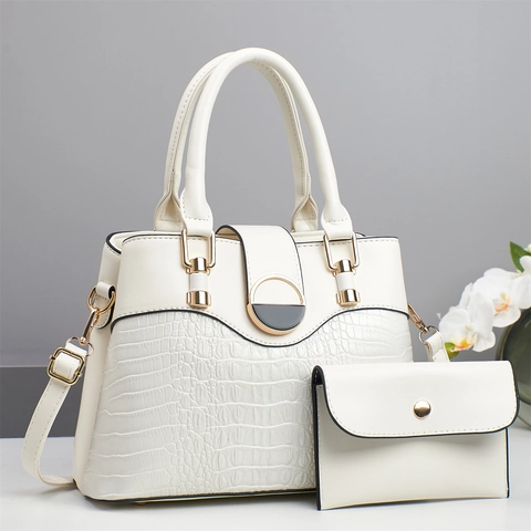Women Handbag And Small Pouch Crocodile Pattern PU Leather Patchwork Shoulder Crossbody Bag Gold Hardware Stylish Tote