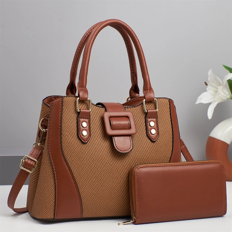 Women Handbag And Wallet Woven Texture PU Leather Patchwork Large Capacity Tote Daily Shoulder Bag Vintage Contrast Style