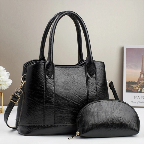 Women Tote Bag And Pouch Set Lychee Texture PU Leather Large Capacity Top Handle Crossbody Purse For Daily Work Elegant