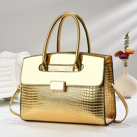 Bolso De Mano Mujer Cuero PU Grabado Cocodrilo Patente Brillante Patchwork Elegante Bolso Bandolera