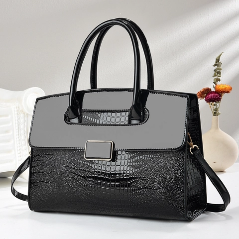 Bolso De Mano Mujer Cuero PU Grabado Cocodrilo Patente Brillante Patchwork Elegante Bolso Bandolera