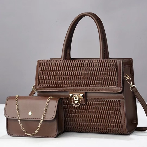 Women PU Leather Handbags Tote Bag And Mini Chain Bag Gold Metal Lock Woven Quilted Texture Street Fashion Casual Travel