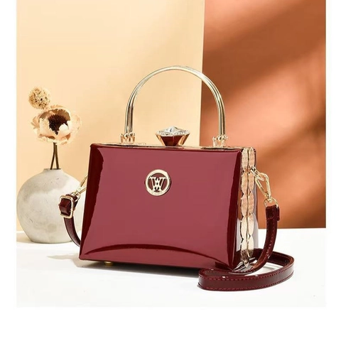 Patent Leather Quilted Evening Bag For Women Box Handbag With Metal Handle And Rhinestone Clasp Crossbody