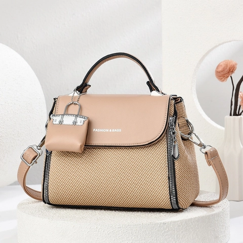 Women Handbag PU Leather Woven Texture Crossbody Shoulder Bag With Mini Bag Charm And Adjustable Strap Fashion Square