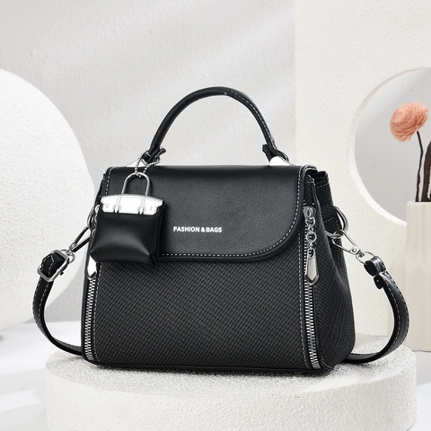 Women Handbag PU Leather Woven Texture Crossbody Shoulder Bag With Mini Bag Charm And Adjustable Strap Fashion Square