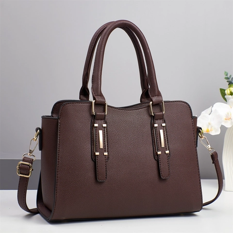 Women PU Leather Handbag Lychee Pattern Large Capacity Shoulder Crossbody Bag Gold Hardware Simple Elegant Tote