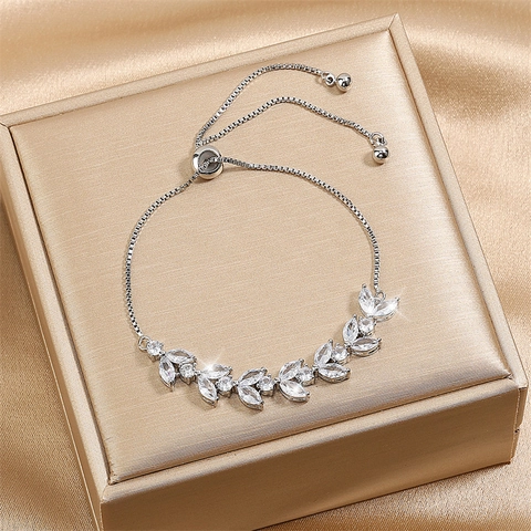 Zircon Wheat Leaf Adjustable Bracelet Brass Elegant Sparkly Cubic Zirconia Sliding Bolo Clasp Jewelry For Women