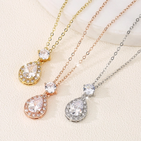 Elegante Peer Geslepen Zirkonia Hanger Ketting En Oorbellen Messing Goud Zilver Rozegoud Verguld Waterdruppel Halo Sieraden Vrouwen