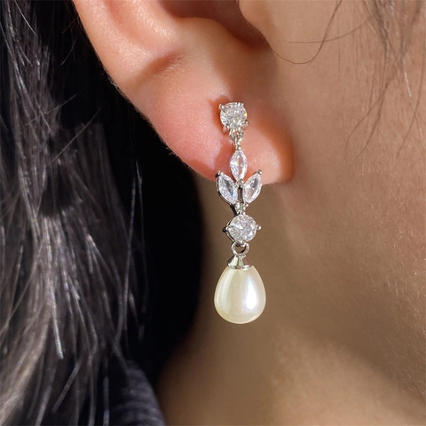 Orecchini Pendenti Künstliche Perle A Goccia E Zirconi Foglia Ottone Gioielli Eleganti Da Sposa Per Donna
