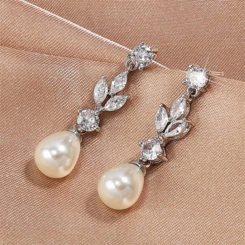 Orecchini Pendenti Künstliche Perle A Goccia E Zirconi Foglia Ottone Gioielli Eleganti Da Sposa Per Donna