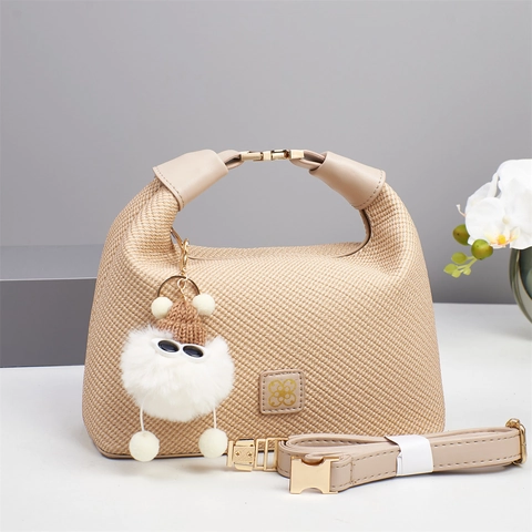 Woven Textured PU Leather Handbag For Women Solid Color Crossbody Shoulder Bag With Top Handle And Cute Plush Doll Pendant