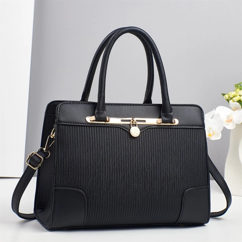 Women Handbag PU Leather Pleated Texture Large Capacity Crossbody Shoulder Bag Golden Hardware Lock Elegant For Daily