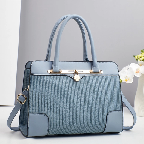 Women Handbag PU Leather Pleated Texture Large Capacity Crossbody Shoulder Bag Golden Hardware Lock Elegant For Daily